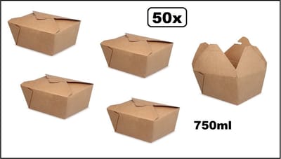 50x Luxe Oosterse Maaltijdbox 750ml kraft - 11cm x 9cm x 6,5cm - kleinere maaltijd box Food festival noedels nasi bami gerecht frituur hapjes