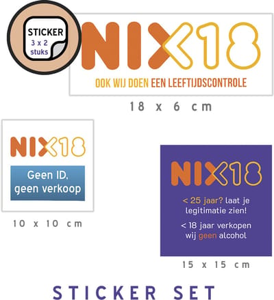 Pictogram/ sticker mix voordeel set | "NIX18" | 3 formaten/ 3 varianten | Wetgeving | Nederland | ID laten zien | Tankstation | Winkel | 6 stuks