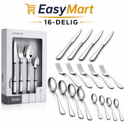EasyMart Bestekset voor 4 Personen – RVS Bestekset in Zilver – 16-Delig Tafelbestek met Messen, Vorken, Eetlepels & Theelepels – Vaatwasserbestendig