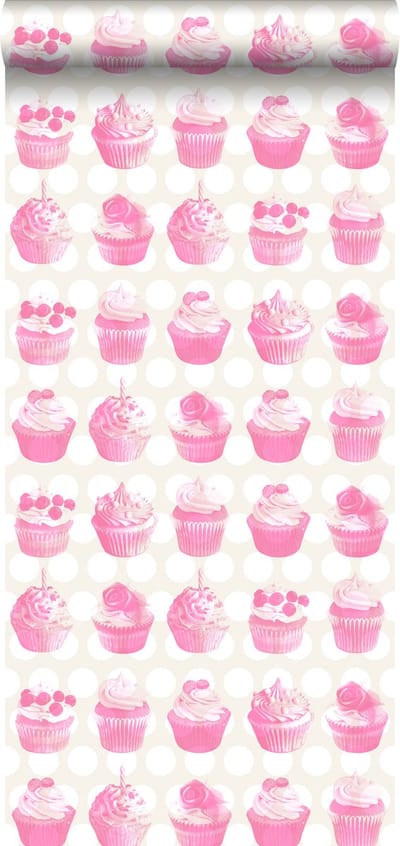 ESTAhome behang cupcakes op glanzende stip roze - 53 cm x 10.05 m - 138723