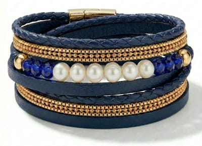 Armband Dames Blauw- Leren Wikkelarmband Galeara design Perla 20,5cm met Parels Goudkleurig