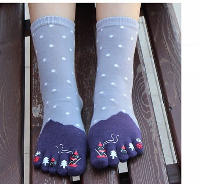 Dames Teensokken - teen sokken - toe socks - blauw - leuke print zwarte kat - skien - sneeuw - gestipt - 36 -40 - cadeau - sport - yoga - fitness - pilates - runner teen sokken - teenslipper sokken