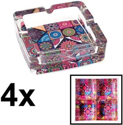 Decopatent - 4 Stuks Luxe Glazen Asbakken Vierkant 13.5 Cm - MANDALA / MOZAIEK Design - Stevig Glas - Vierkante Asbak voor Binnen en Buiten gebruik - Stijlvolle Ronde Asbak - Voordeelverpakking - Afm: 13.5 x 13.5 x 4.2 Cm.