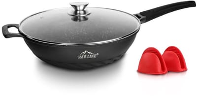 SMH LINE® Wokpan - Ø32cm - Geschikt voor Alle Warmtebronnen Incl. inductie - PFAS Vrij - Anti Aanbak - Incl. Deksel en handvat - Zwart