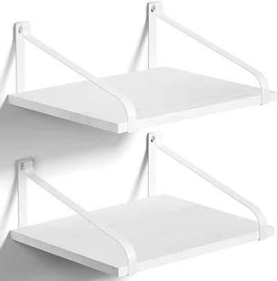Witte Wandplank Set van 2, Houten en Metalen Floating Shelf, Modern Decor voor Keuken, Woonkamer, Badkamer en Slaapkamer, 42 x 31 x 18 cm