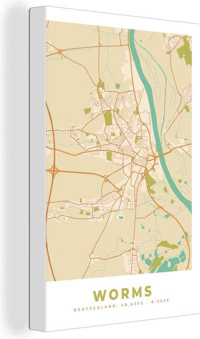 Canvas Schilderij Plattegrond - Worms - Stadskaart - Kaart - Vintage - 20x30 cm - Wanddecoratie