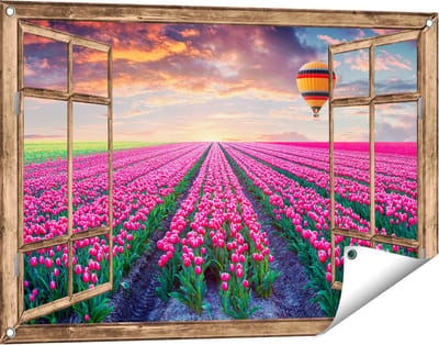 Gards Tuinposter Doorkijk Bloemenveld met Roze Tulpen - Luchtballon - 90x60 cm - Tuindoek - Tuindecoratie - Wanddecoratie buiten - Tuinschilderij