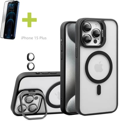 Standaards Hoesje voor iPhone 15 Plus, Compatibel met MagSafe Hoes, Acryl + TPU Case met Metaal Camerafolie, Transparant, Zwart - Screenprotector