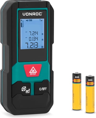 VONROC Laser Afstandsmeter – 20 meter bereik – Zeer compact formaat – meet afstand, oppervlakte, volume, Pythagorisch – aanpasbare meetreferentie – Inclusief batterijen