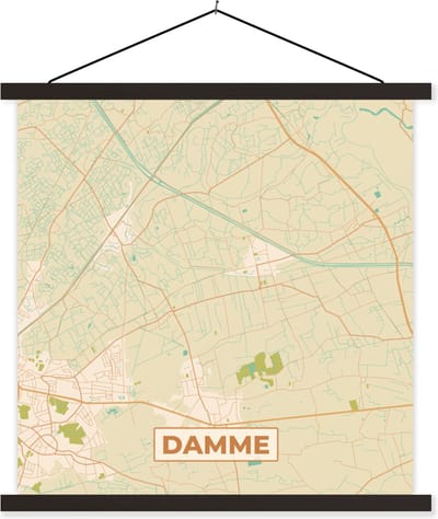 Posterhanger incl. Poster 60x60 cm - Schoolplaat - Damme - Vintage - Plattegrond - Stadskaart - Kaart - Textielposter - Zwarte latten - Stadskaart