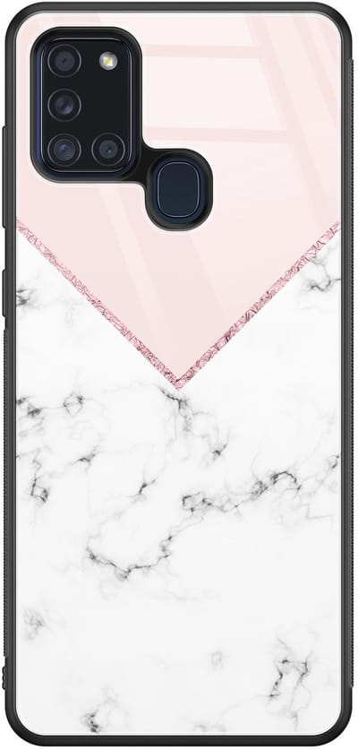 Hoesje geschikt voor Samsung Galaxy A21s - Marmer roze grijs - Luxe Glazen Hardcase - Marmer - Roze