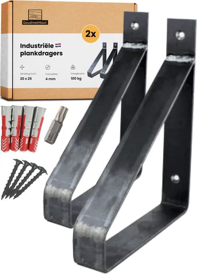 GoudmetHout® Industriële Plankdragers - 20 cm - Stalen Plankdrager voor Wandschap, Muurrek of Wandconsole - Max 100 kg - 2 Stuks - Zonder Coating