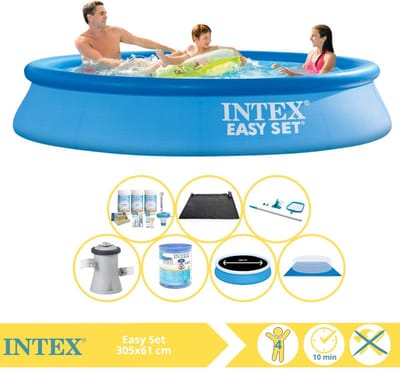 Intex Rond Opblaasbaar Easy Set Zwembad - 305 x 61 cm - Blauw - Inclusief Pomp - Solarzeil - Onderhoudspakket - Filter - Grondzeil - Schoonmaakset - Solar Mat - 8-delig