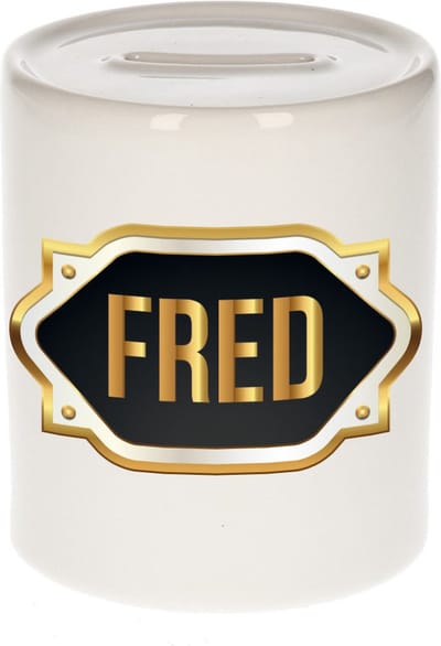 Spaarpot met voornaam Fred - wit - met goud/zwart embleem - 8 x 9 cm - keramiek - met afsluitdop - cadeau verjaardag