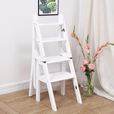 Houten Ladderkruk - Opvouwbare Trap - Veilig Klussen - Massief Hout - 4 Treden - Wit