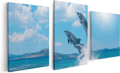Artaza Canvas Schilderij Drieluik Dolfijnen Springen uit het Water - 120x60 - Foto Op Canvas - Canvas Print