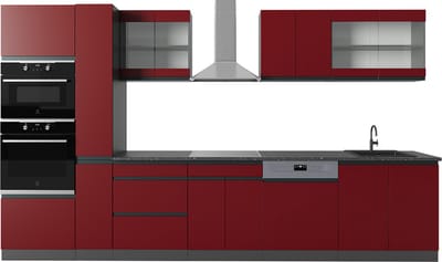 Vicco R-Line Complete keukeneenheid – 350 cm J-vorm, met hoge kast, zonder werkblad Rood/antraciet