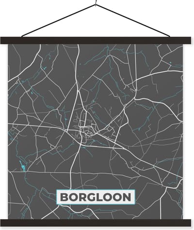 Posterhanger incl. Poster 60x60 cm - Schoolplaat - Stadskaart – Grijs - Kaart – Borgloon – België – Plattegrond - Textielposter - Zwarte latten - Stadskaart