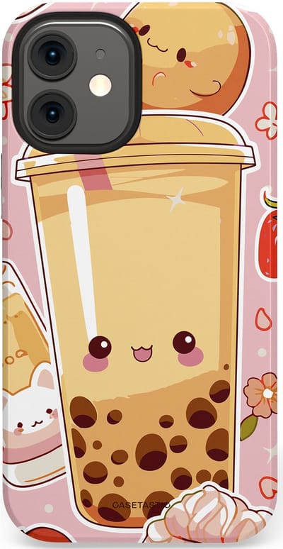 Casetastic Hoesje Geschikt voor Apple iPhone 12 Mini - Stijlvolle Beschermende Duo-layer Case - Kawaii Thee Design - Bubble Tea