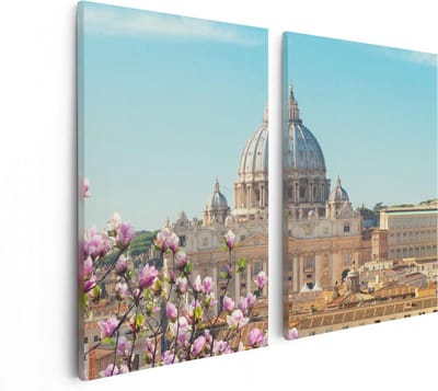 Artaza Canvas Schilderij Tweeluik Sint Pietersbasiliek in Rome met Bloemen - 80x60 - Foto Op Canvas - Canvas Print