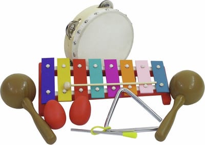 DIMAVERY instrumenten voor kinderen - 7 delig - instrumenten speelgoed - xylofoon - tamboerijn - triangel - 2x sambaballen - schud eieren - hout