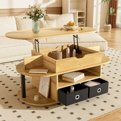 Een moderne salontafel met houtfineer, liftmechanisme, opbergruimte en zwarte stoffen lades – multifunctioneel, stijlvol en praktisch, geschikt voor woonkamers en kantoren.