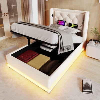 MODFU Bedframe 90x200 cm – Katoen met getuft hoofdbord & LED – Hydraulisch – Incl. matras – Beige