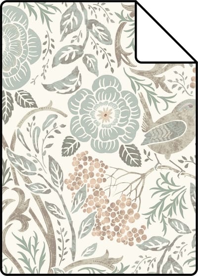 Proefstaal ESTAhome behang bloemen en vogels in art nouveau stijl vergrijsd groen, bruin en perzik roze - 26.5 x 21 cm - 139294-S
