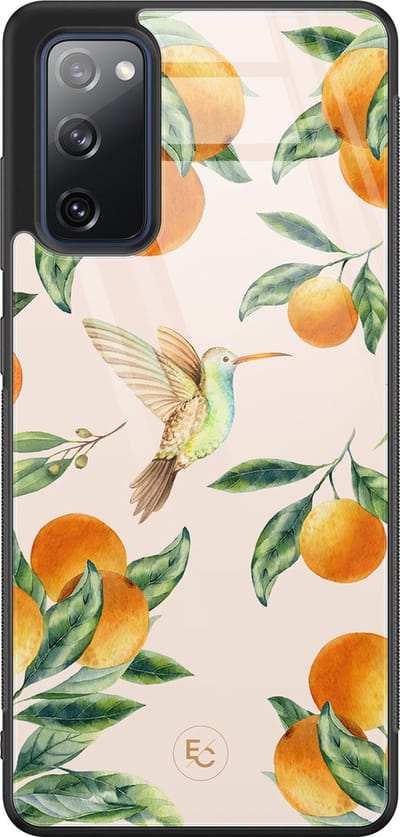 Hoesje geschikt voor Samsung Galaxy S20 FE - Tropical fruit - Hard Case Zwart Back Cover - Bloemen - Oranje - ELLECHIQ