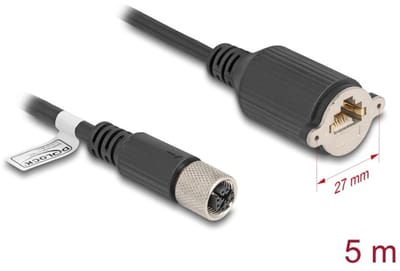 Delock M12 Cable X-coded 8 pin female to RJ45 jack for installation Cat.6A S/FTP 5 m black