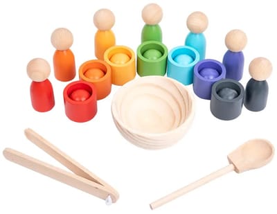Houten sorteerspel - Kleuren en vormen - 7 bakjes - 7 balletjes - 7 poppetjes - open einde speelgoed - Educatief montessori speelgoed
