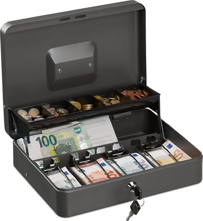 geldkistje met slot - sleutel - ijzer - 8,5 x 30,5 x 24,5 cm - grijs