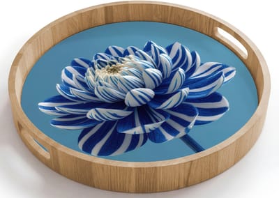 Dienblad rond 40x40 cm - Schootdienblad hout - Bloem - Blauw - Bloemblaadjes - Streepjes - Borrelplank rechthoek - Plateau houten dienbladen