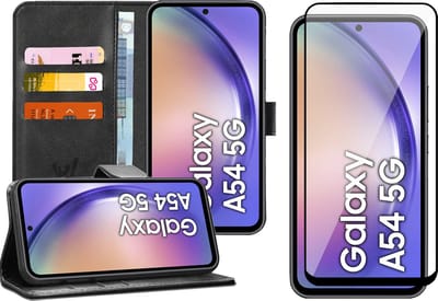 Hoesje geschikt voor Samsung Galaxy A54 - Screen Protector FullGuard - Book Case Kunstleer Pasjeshouder Zwart & Screenprotector