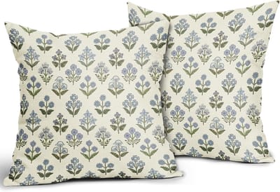 Kussensloop - Bedrukte kussensloop - Blauwgroene kussenslopen met blokprint - Vintage kussensloop met bloemenmotief -Boerderij slaapbank decoratie -45×45cm - set van 2