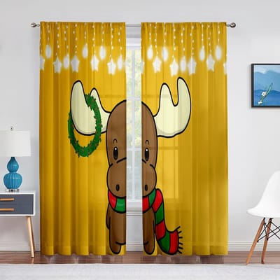 Kerstman Cadeaus Rendieren Kerst Tule Transparante Raamgordijnen voor Woonkamer Keuken Kinderkamer Voile Hanggordijn 1 PCS W100XH250cm&Grommet Top