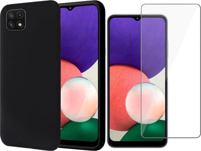 Hoesje geschikt voor Samsung Galaxy A22 5G - Backcover Zwart - Screenprotector - Fluweelzacht Hoesje