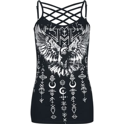 Black Premium by EMP zwart mouwloos shirt met zilveren raafprint op de voorkant - Dames - M