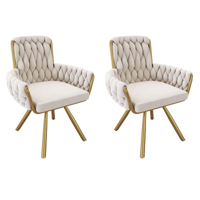 YEHTOKHOME Fluwelen Eetkamerstoelen- Draaistoel met armleuningen - Fauteuil - Make-upstoel - Velvet stoel voor woonkamer, eetkamer, slaapkamer - Gouden metalen poten - 360° graden draaibaar - Set van 2 - Beige