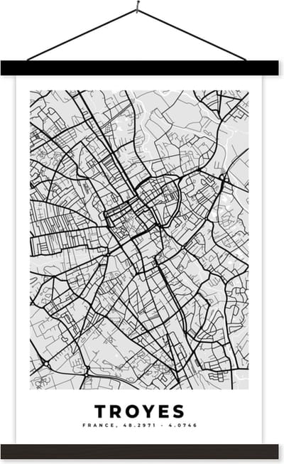 Posterhanger incl. Poster 40x60 cm - Schoolplaat - Frankrijk - Plattegrond - Kaart - Troyes - Stadskaart - Textielposter - Zwarte latten - Stadskaart