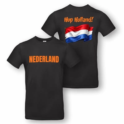 Zwart t-shirt met "Nederland" en "Hup Holland" - maat L - WK 2026, shirt, nederland, oranje, voetbal, supporters, holland, unisex, cadeautje