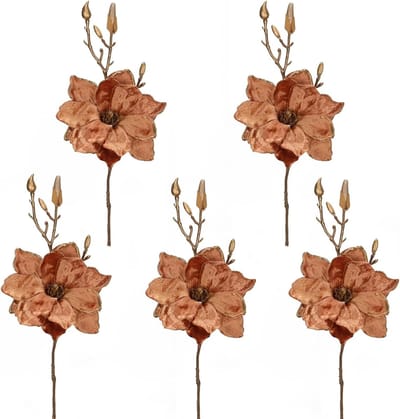 Allecto Plus - Kerstboomdecoraties: 5 stuks Kerstbloemen 14,5 inch Velvet Magnolia Bloemstelen met Gouden Knopen Bruine Bloemen voor Kerstboom en Kerstversiering voor Bruiloftsfeestjes