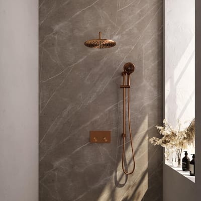 Brauer Copper Carving Thermostatische Regendoucheset Inbouw - Hoofddouche 30 cm - Gebogen Wandarm - Met Drukknoppen - Handdouche 3 Standen - Doucheslang - Geintegreerde Glijstang