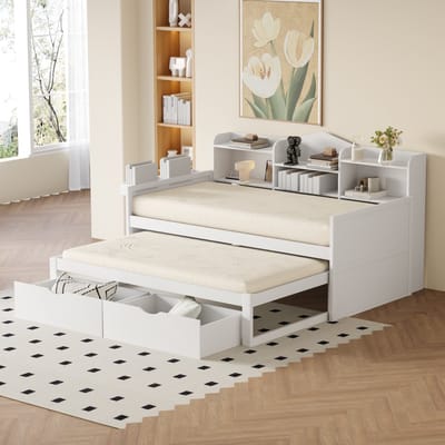 Sweiko Kinderbedje, Slaapbank 90x200cm,Ladebedje 90x190cm, met twee lades, Grote opbergdoos en mand, USB aansluiting, eenpersoons houten bed, Wit (Geen matras)