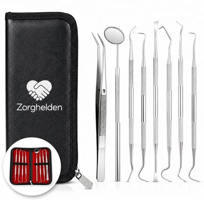 Zorghelden® Professionele tandartsset - 8-Delig - RVS - Tandarts setje - Tandartshaakje - Tandarts spiegel - Tandenstokers