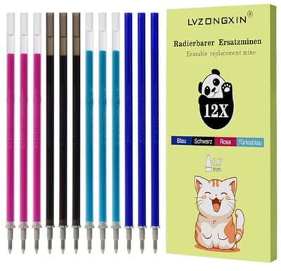 Reservevullingen voor gelpennen - 12 stuks in blauw, zwart, roze en turquoise, 0,7 mm