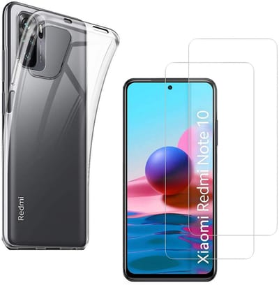 Hoesje Ultraslank geschikt voor Xiaomi Redmi Note 10 4G backcover siliconen Transparant en 2 stuks ScreenProtector Gehard Glas