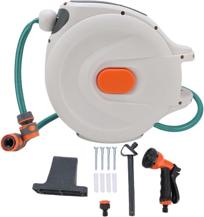 Intrekbare Tuinslanghaspel - Waterslang met Spuit - Tuin en Auto Wassen - Automatisch Terugspoelen - 10 Meter - Grijs