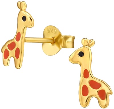 Joy|S - Zilveren giraffe oorbellen - 5 x 10 mm - goldplated met oranje - giraf kinderoorbellen