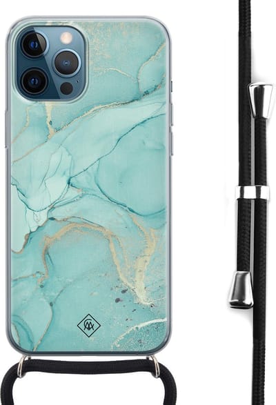 Casimoda® hoesje met koord - Geschikt voor iPhone 12 Pro Max - Marmer mint groen - Afneembaar koord - Siliconen/TPU - Mint